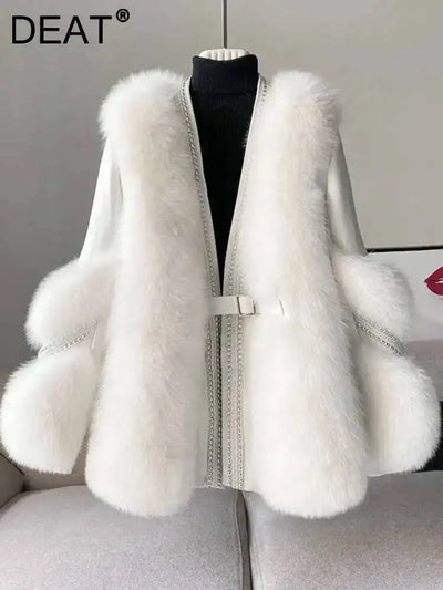DEAT Fashion Temperament Thickened Fur Coat Cardigan Women Top-Quality Leather Patchwork Long Sleeve Jacket 2024 Winter 11SX023