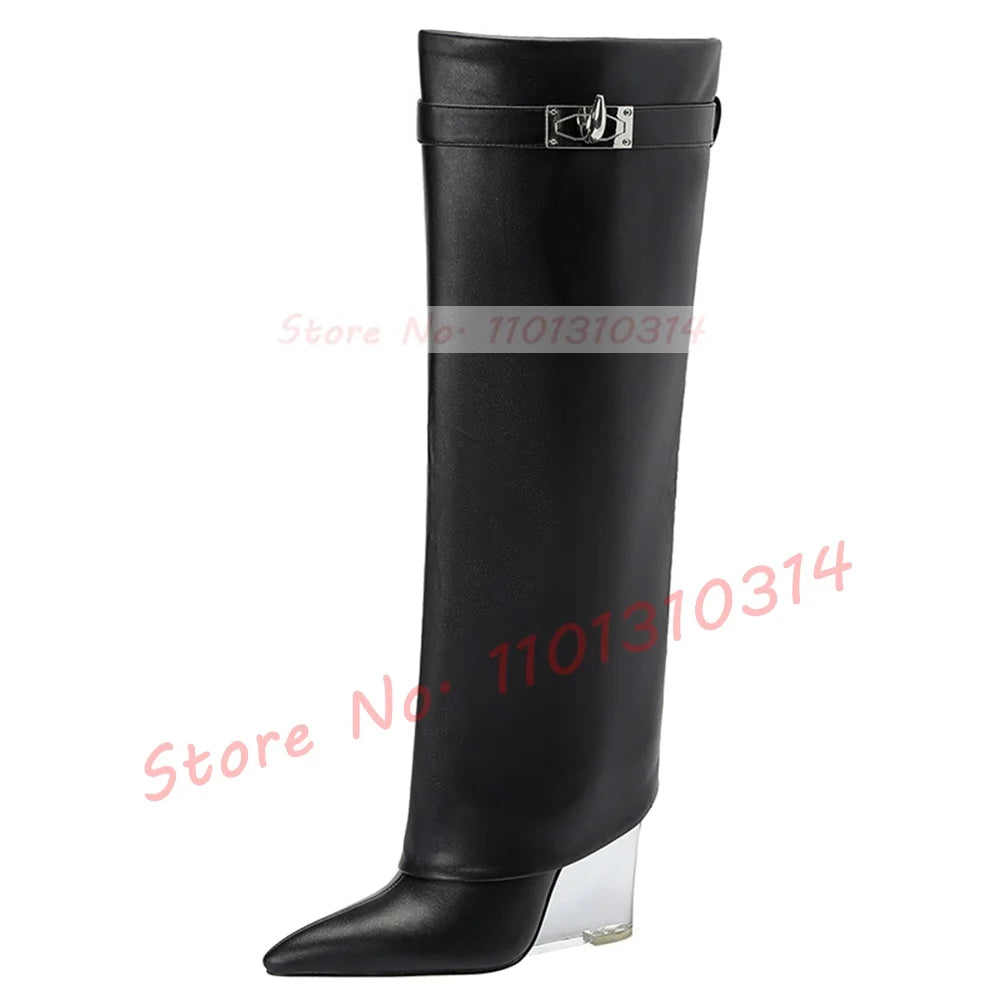 Transparent Wedge Knee-high Boots Women Pointy Toe Winter Fashion Metal Decor Foldover Shoes Ladies Streetwear Clear Heel Boots