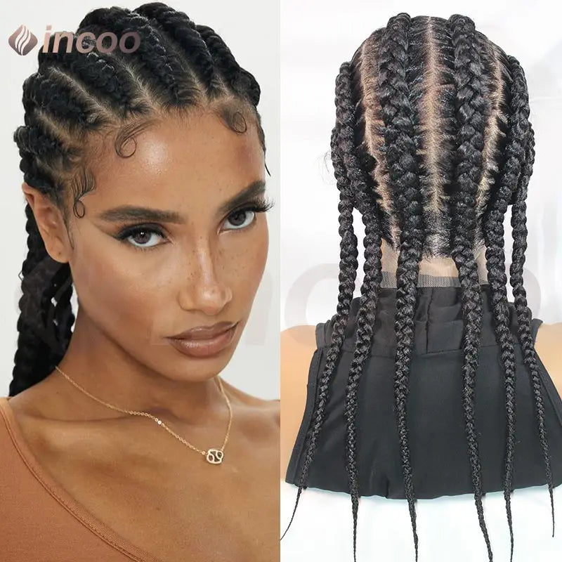 Wear and Go Glueless Wig Synthetic Full Lace Cornrow Braided Wigs Jumbo Box Braids Wig For Black Women Faux Locs Braiding Wigs