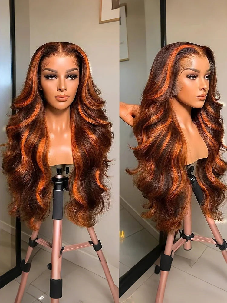 100% Human Hair 4/350 Highlight Ombre Body Wave 13x6 Lace Front Wig Ginger Orange Brown Colored Water Wave 13x4 Lace Frontal Wig