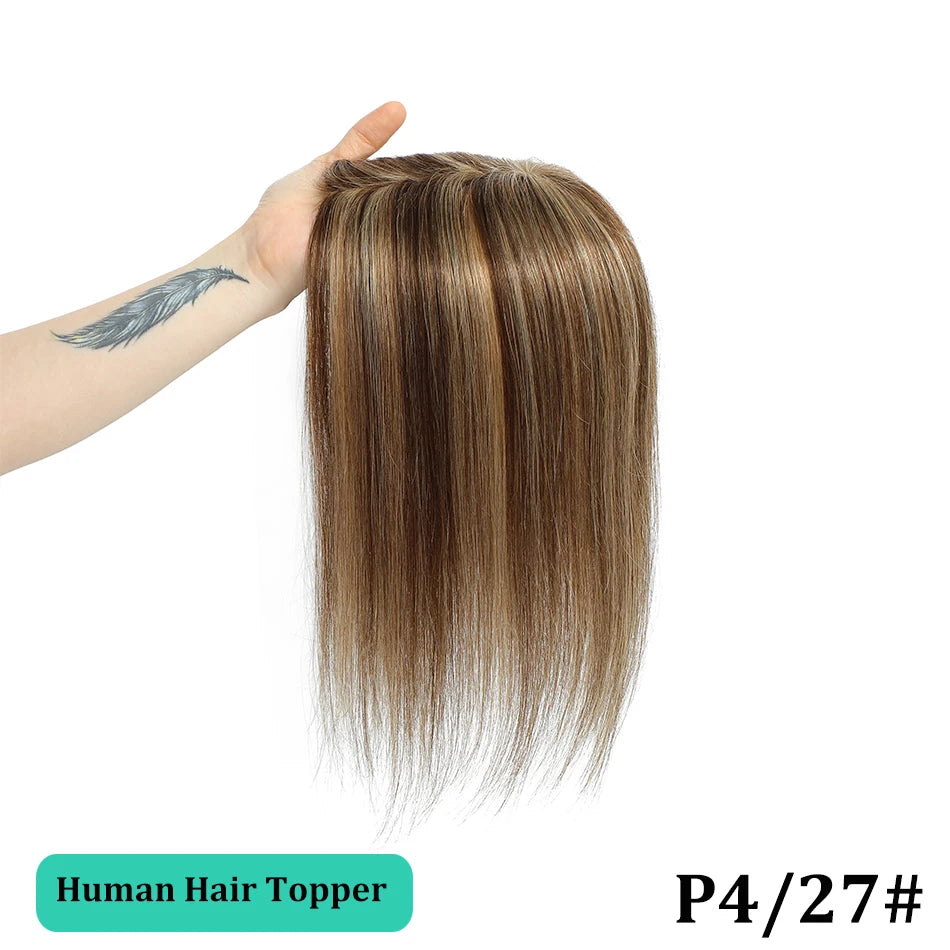 25-45cm Womens Hair Topper with Clips 100% Remy Human Hair Toppers for Thin Hair Natural Color Clip In One Piece Hair Extensions