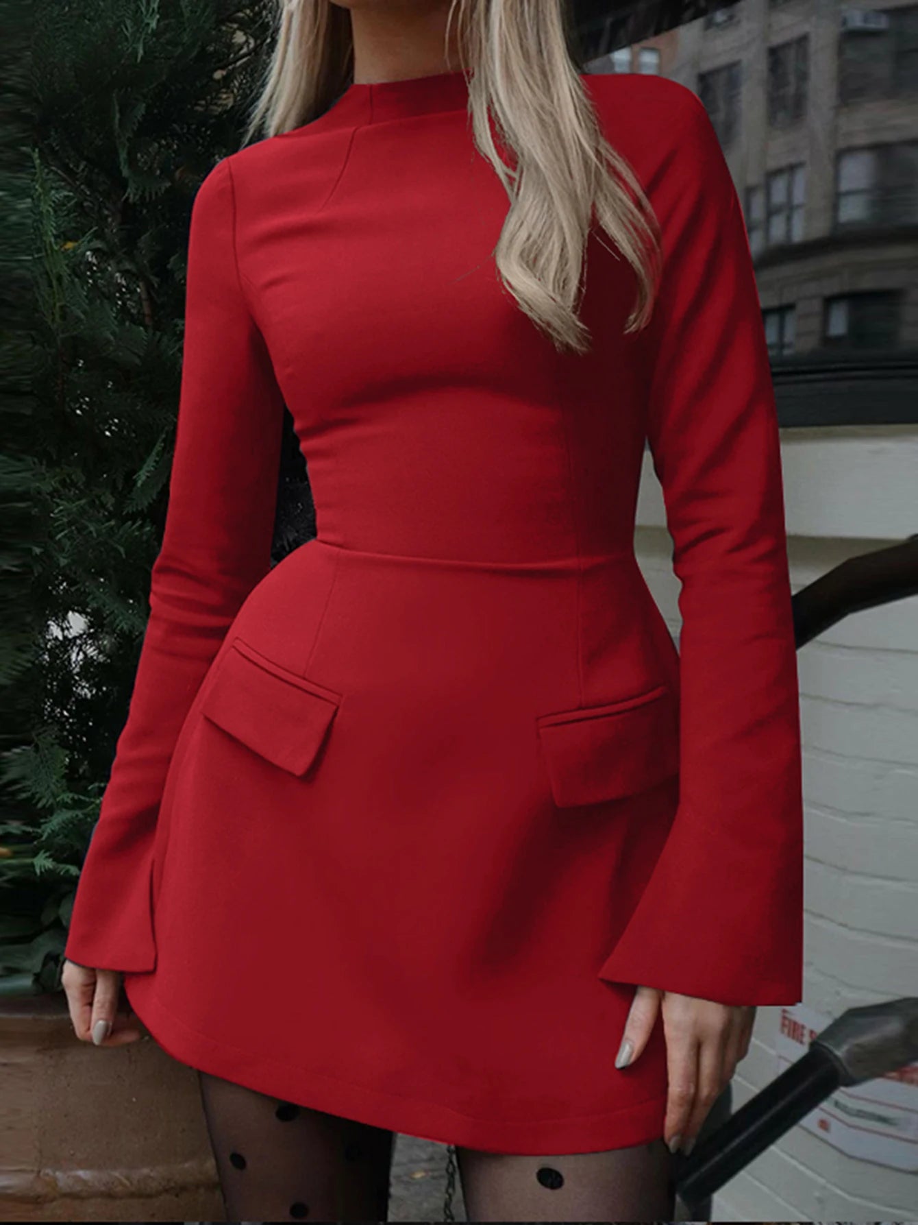 Dulzura Langarm Reißverschluss Bodycon Minikleid mit Taschen Einfarbig Elegantes Outfit Büro Streetwear Damen Herbst Winter Kleidung