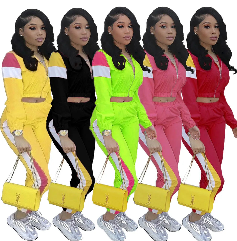 2024 Women's Fashion Color Collision Casual Suit, Splicing Sports Two-piece Set