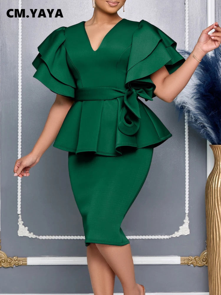 CM.YAYA Damen Kurzarm V-Ausschnitt Gürtel Hohe Taille Midikleid 2025 Sommer Afrika OL Business Abend Sexy Partykleider Vestidos