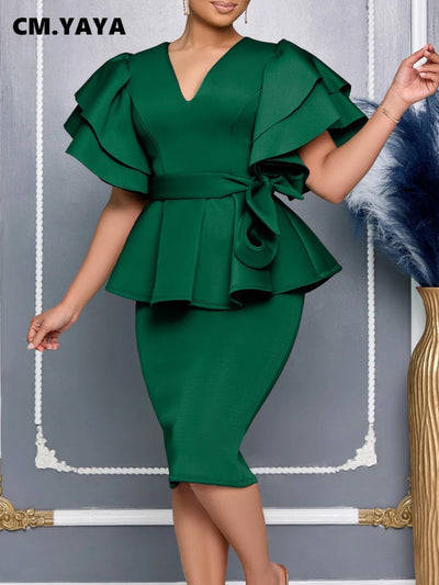 CM.YAYA Damen Kurzarm V-Ausschnitt Gürtel Hohe Taille Midikleid 2025 Sommer Afrika OL Business Abend Sexy Partykleider Vestidos