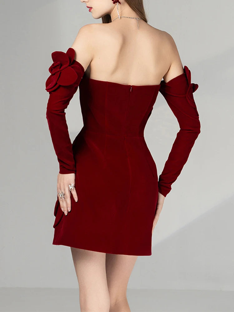TWOTWINSTYLE Solid Patchwork Applikationen Sexy Minikleider Für Frauen Trägerlos Langarm Schlankmachende Abendpartykleider Damen