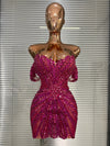 Show Dress Costumes Women Rose Sequins Rhinestones Breast Cups Mesh Bodycon Mini Evening Club Party Birthday Dress Shoot