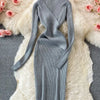 YuooMuoo Autumn Winter 2025 Women Dress Elegant Cross V-neck Slim Waist Knitted Bodycon Dress Korean Office Lady Vestidos