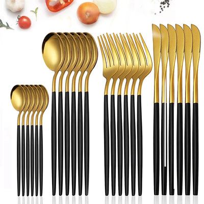 24-teiliges Edelstahl-Besteckset, Schwarz-Gold, Löffel, Gabel, Messer, Western-Besteck, Silberbesteck, Tafelservice-Zubehör