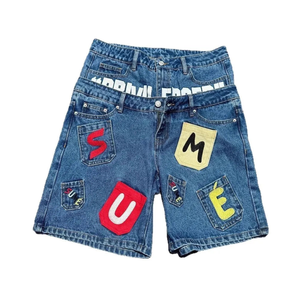 Y2K Hip Hop Denim Shorts Loose Fit Cotton Five-Quarter Length Printed Embroidered Low-Mid Waist Jeans Shorts for Men