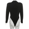 Joskaa Damen Spitze Patchwork Schwarzer Blazer Bodysuit Sexy Tiefer V-Ausschnitt Langarm Einteiler Romper Coquette Midnight Clubwear