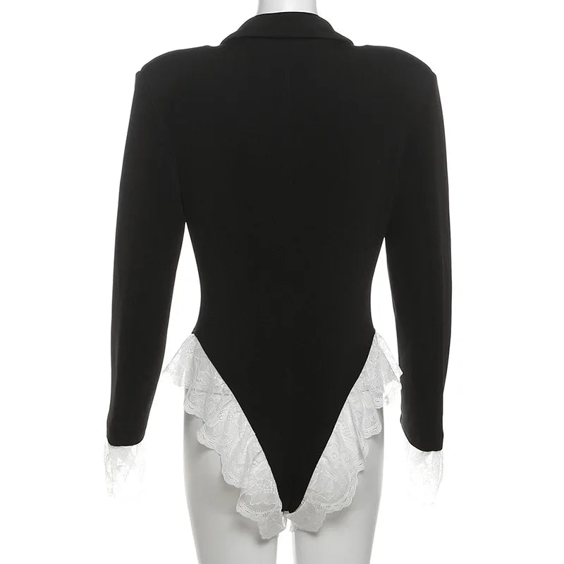 Joskaa Damen Spitze Patchwork Schwarzer Blazer Bodysuit Sexy Tiefer V-Ausschnitt Langarm Einteiler Romper Coquette Midnight Clubwear