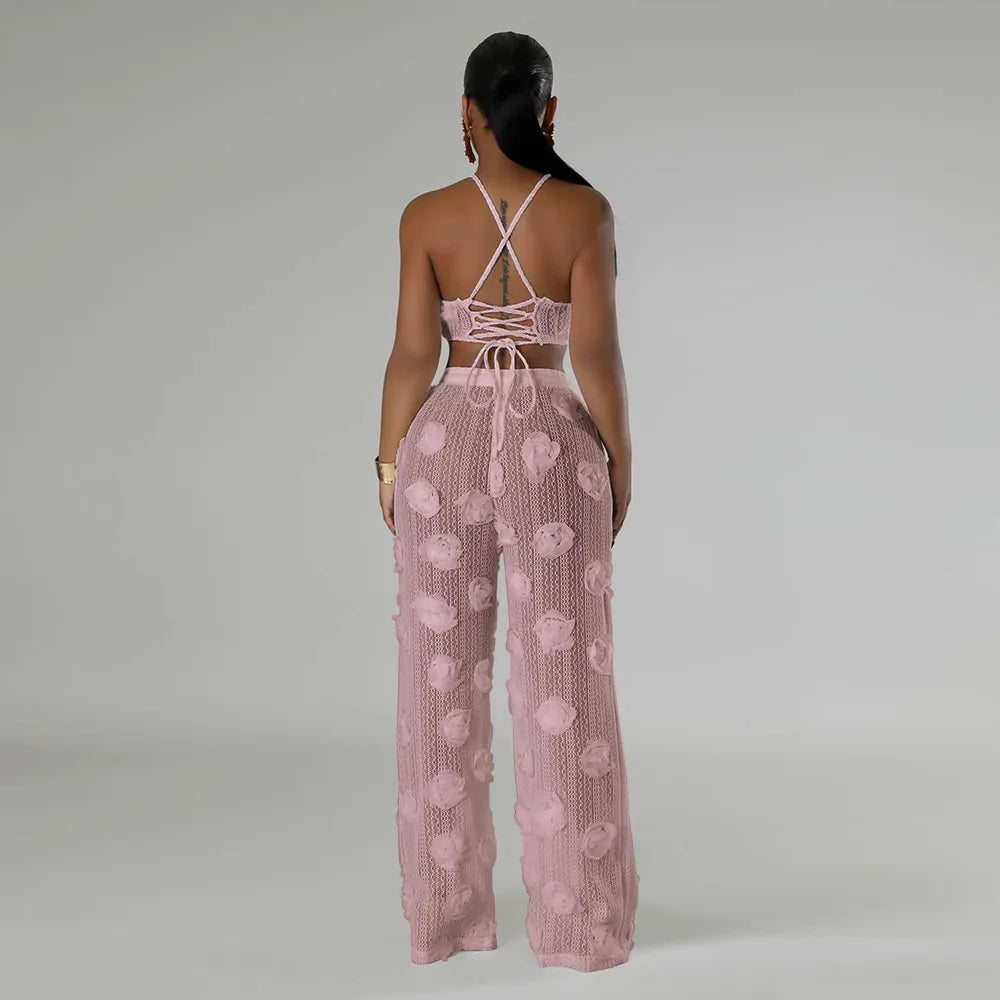 Women Two Piece Pant Sets Sexy Hollow Out Vest Sleeveless Tanks Tops Splice Long Pants Drawstring Streetwear Summer 2025