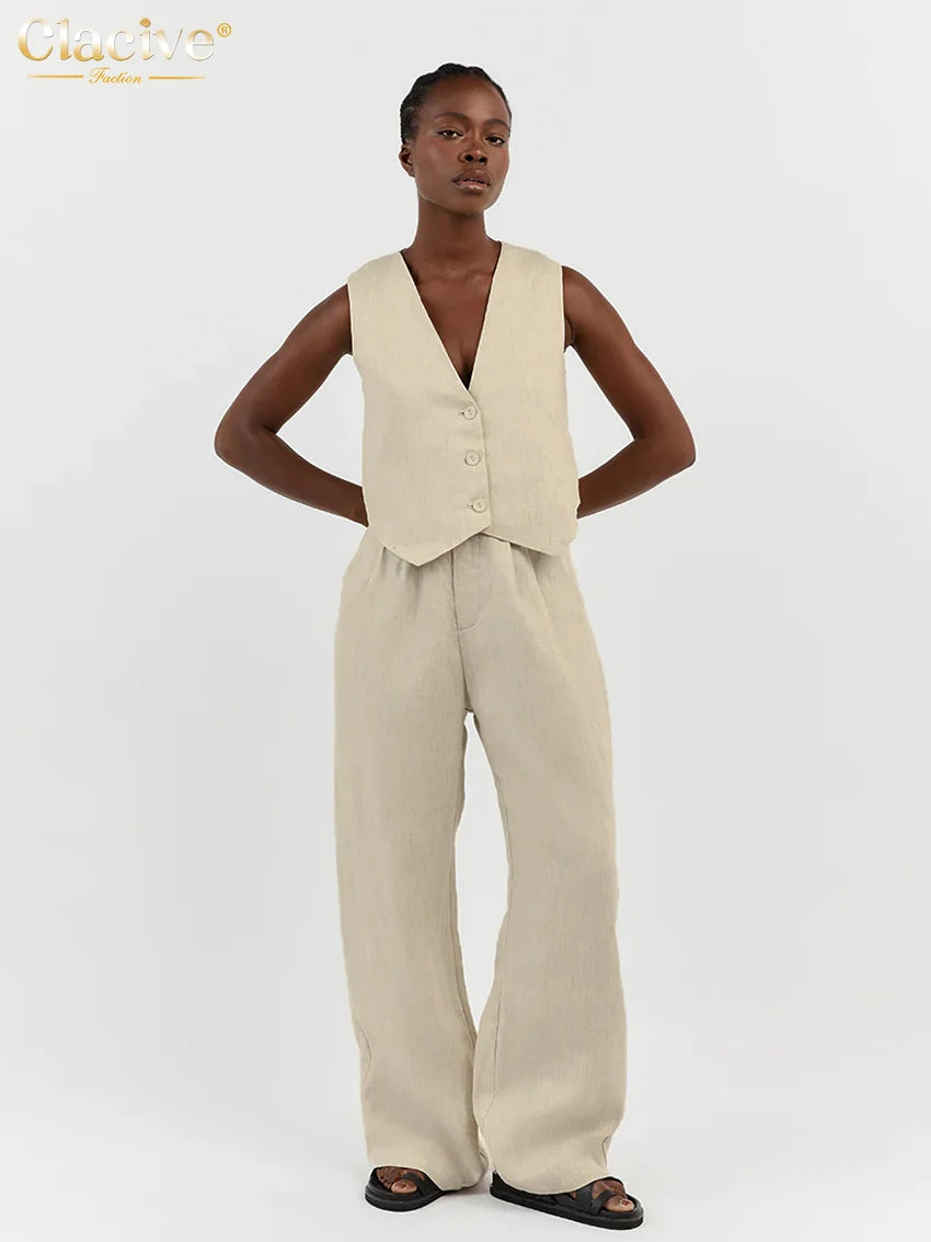 Clacive Summer White Linen Two Piece Set For Women 2023 Fashion Sleeveless Tank Top New In Matching High Waist Wide Pants Set