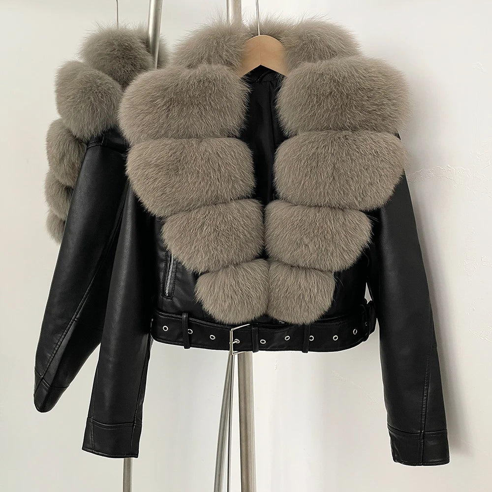 OFTBUY Natural Fox Fur Faux Leather Jacket Female New Autumn Short Top Clothing Women Long Sleeve Fake Leather Real Fur Coat