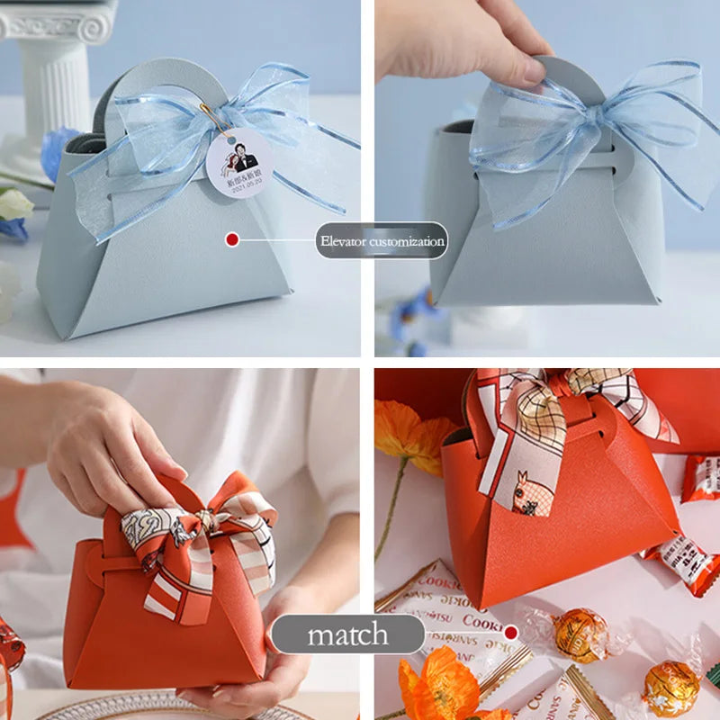 Mini Handbag With Ribbon Creative Foldable PU Leather Kids Gilrs Princess Handbag Coin Purses Wedding Decor Candy Bag Key Pouch