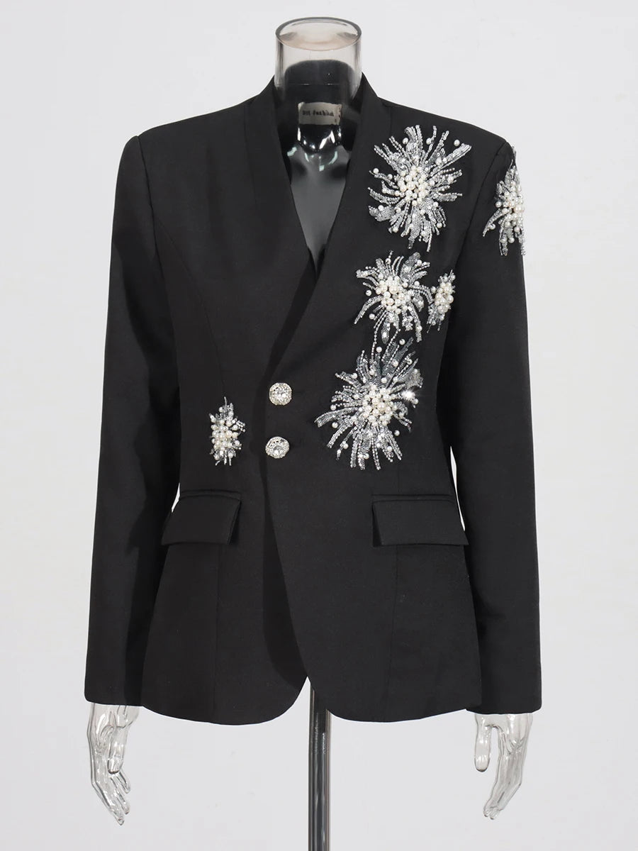CHICEVER Solid Spliced Beading Slimming Blazer for Women Notched Collar Long Sleeve Patchwork Button Formal Coat Female Fashion