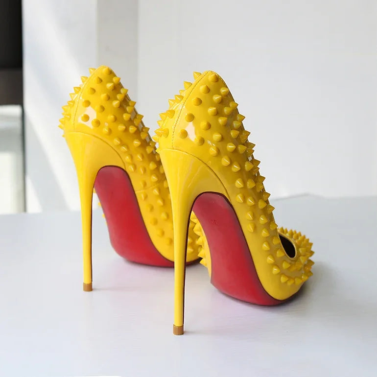 Pink studded high heels, fashionable, ultra shallow mouth, pointed toe, thin heel, hate sky, high punk style, 12CM