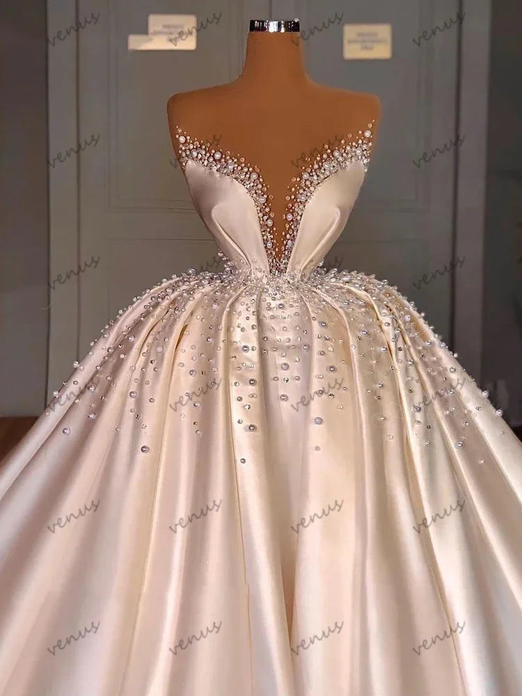 Exquisite Wedding Dresses Princess Ball Gowns Pearl Decorate V-Neck A-Line Bridal Gowns Luxury Vestidos De Novia Customized