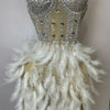 Stock 2025 Women Sexy Sparkly Rhinestone Mesh Feather Long Dress Elegant Evening Party Celebrate Birthday Performance Costume