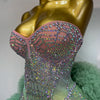 Women Sexy Strapless Backless Green Diamonds Mesh Dress Birthday Party Costume Bar Nightclub Singer Stage Performance Outfit