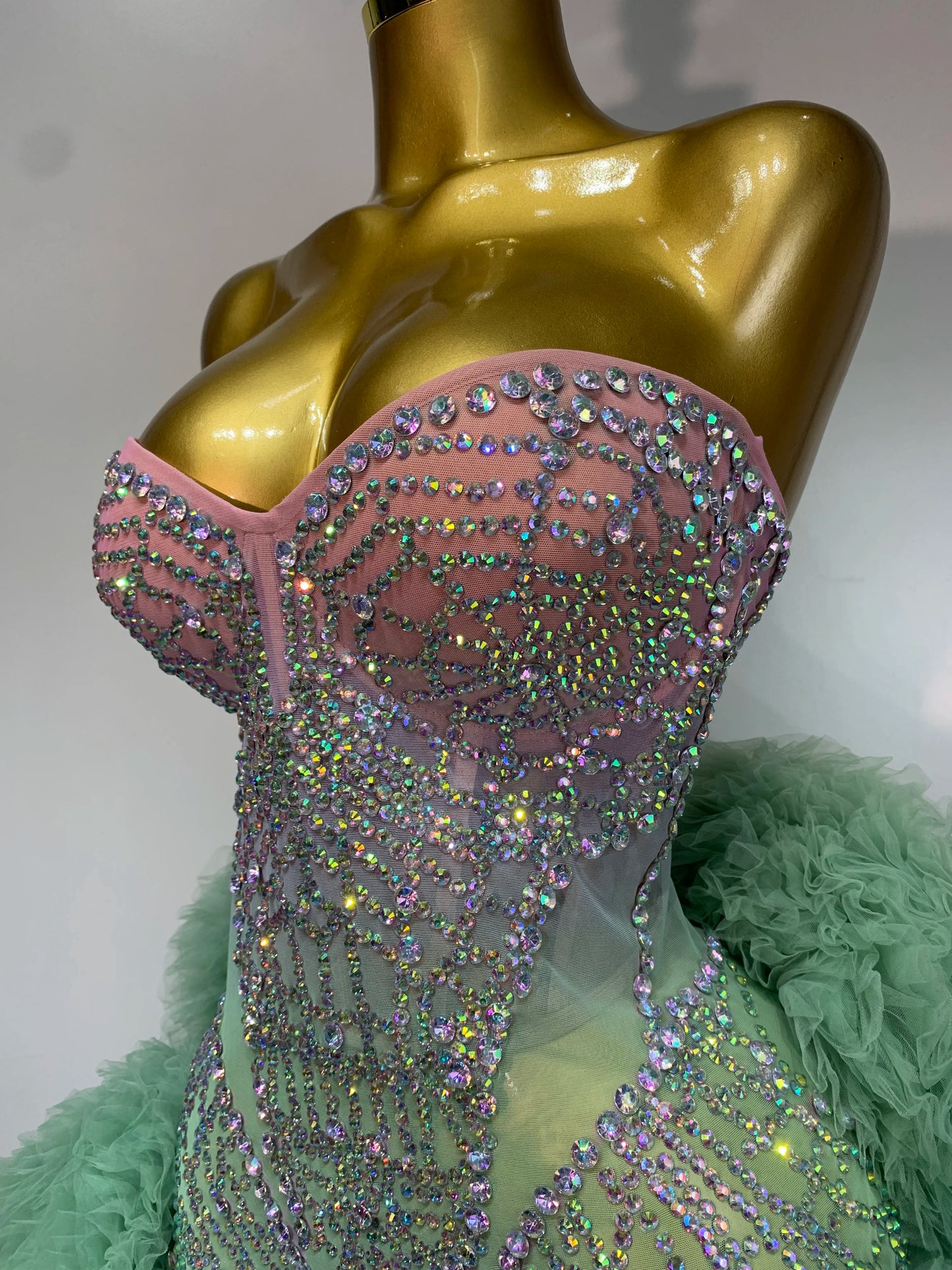 Women Sexy Strapless Backless Green Diamonds Mesh Dress Birthday Party Costume Bar Nightclub Singer Stage Performance Outfit
