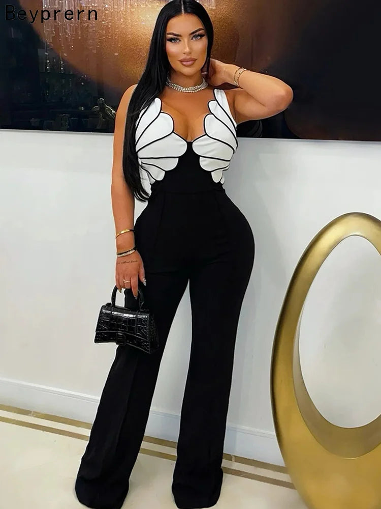 Beyprern Wunderschöner Jumpsuit mit Muscheldetails für Damen, ärmelloser Palazzo-Jumpsuit, weites Bein, Hosenanzug, Overalls, sexy Clubwear
