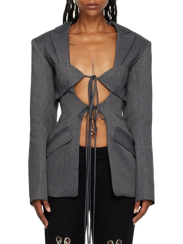 TWOTWINSTYLE Patchwork Lace Up Hohl-Blazer für Damen mit gekerbtem Kragen, langen Ärmeln, Tunika, Designer-Blazer, weibliche Mode Neu