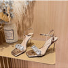 Summer One-word Rhinestone Square Head Sandals Women's Stiletto Open-toed Crystal Gemstone High Heels