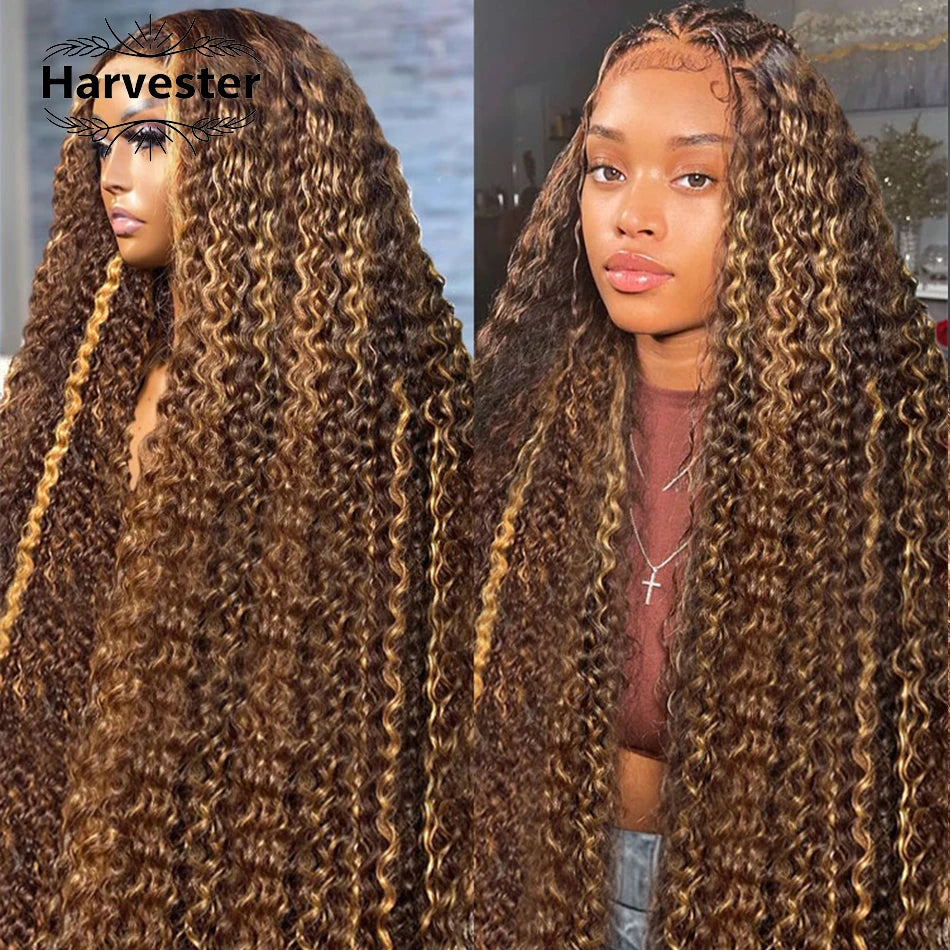 4/27 30 Inch Highlight Honey Brown Curly Lace Front Human Hair Wigs 13x6 Ombre Colored Deep Wave Lace Frontal Wigs Women ﻿