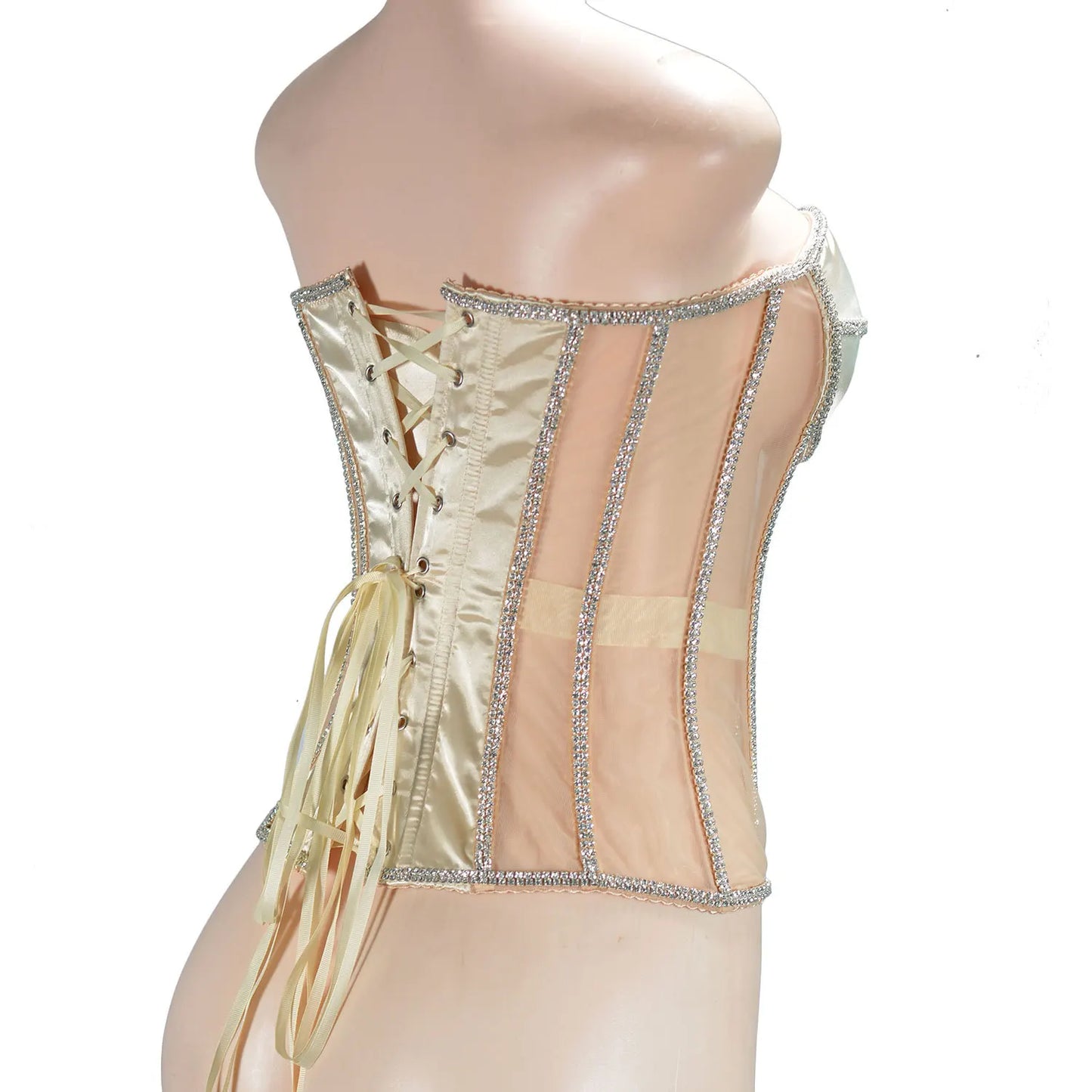 Women Abdomen Corset Crops with Bra Shiny Rhinestone Transparent Breathable Mesh Hand Made Bodices Push Up Bustiers Custom Made