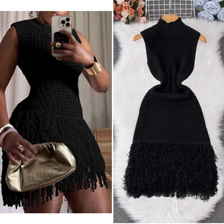 Women's Solid Color Sleeveless Round Neck Slim Fitting Fringe Fur Dress for Summer 2025