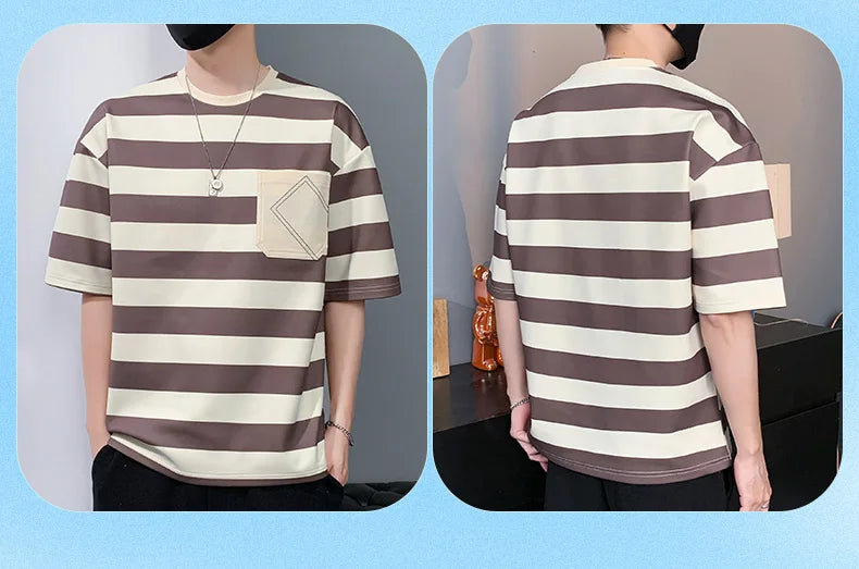 Casual Short Sleeve T Shirt Men'S For 2025 Summer Tshirt Top Tees Striped Brand Fashion HIP HOP Clothes OverSize 3XL T-Shirt