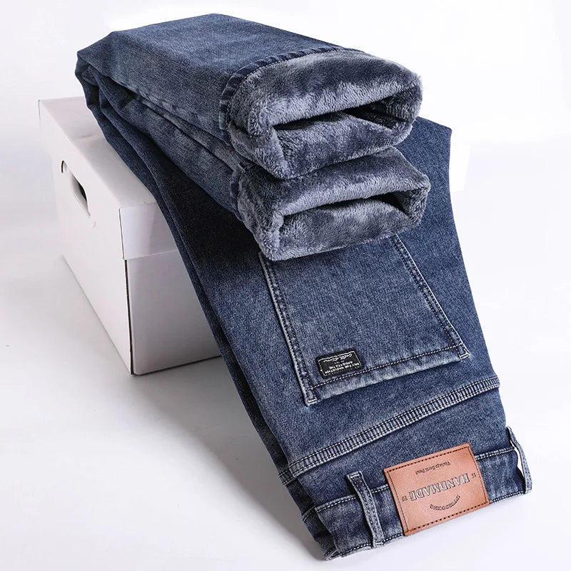 Winter Fleece Dicke Warme Jeans Herren Slim Straight Elastische Denim-Hose Lässige Herrenbekleidung Mode Plüschhose