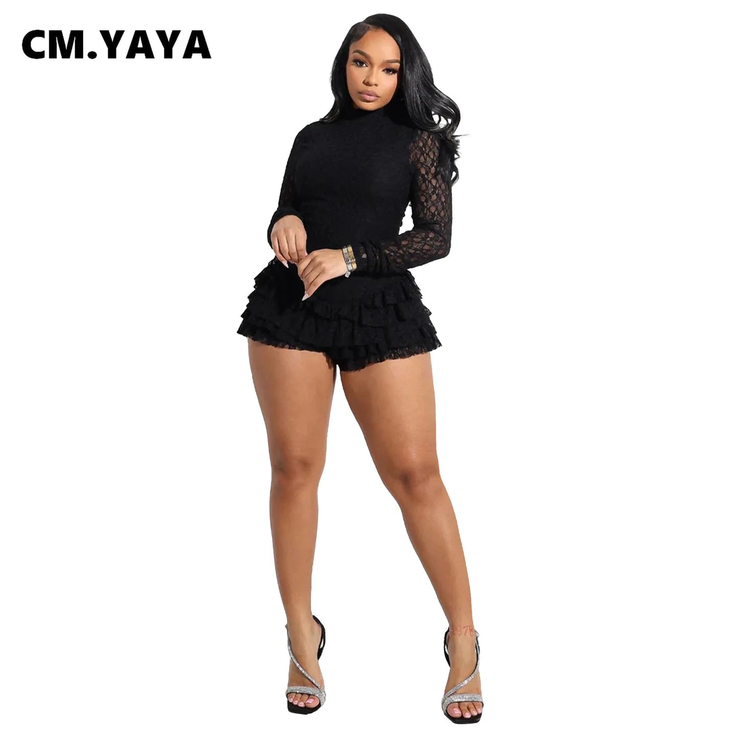 CM.YAYA Damen Langarm Spitze Rüschen geraffte hohe Taille kurzer Jumpsuit Streetwear Rückenfrei Einteiler Strampler Overall