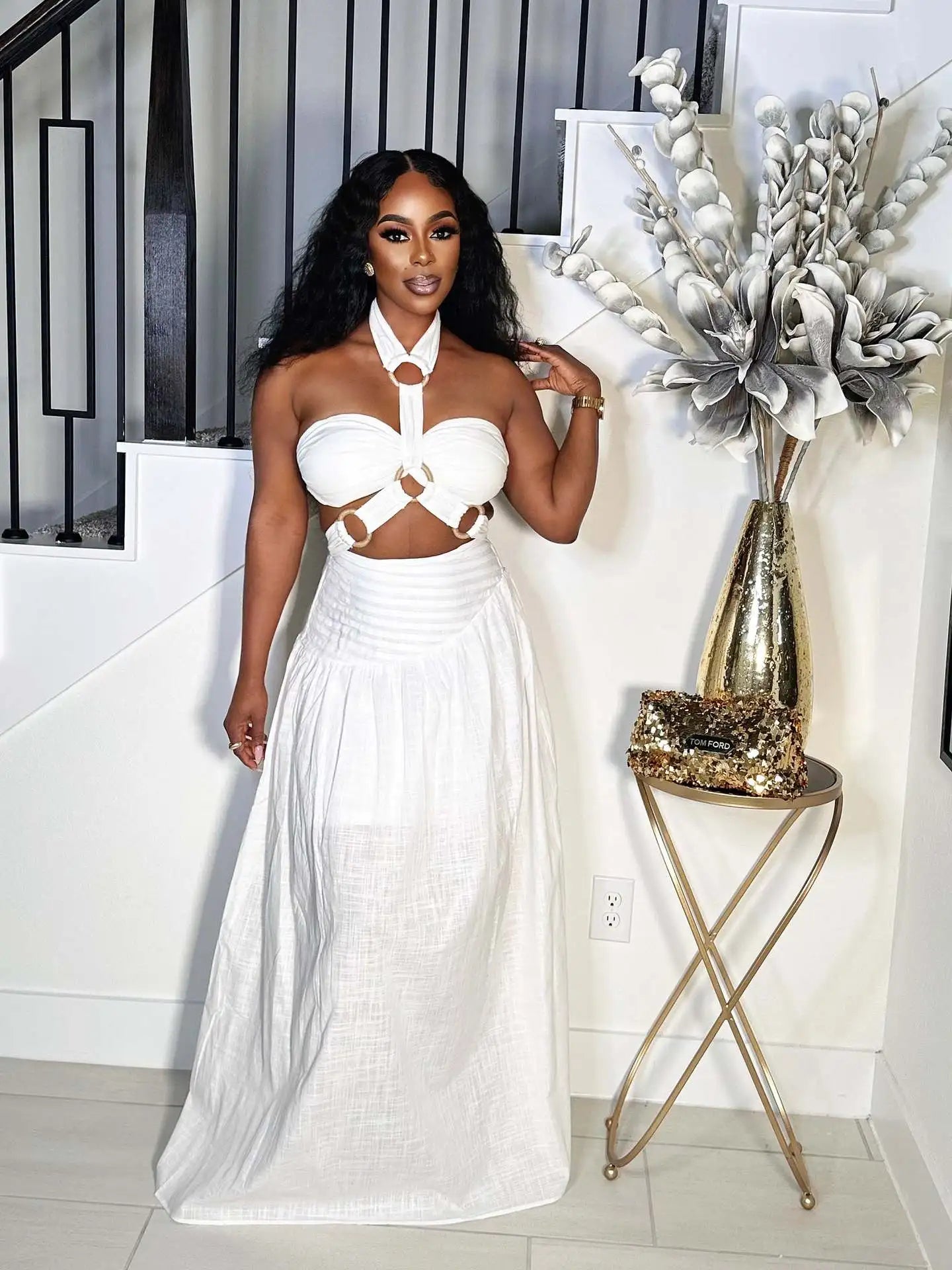 CM.YAYA Women's Dress Set Sleeveless Halter Tops and Long Skirts Suit Elegant Tracksuit Party Beach Two 2 Piece Set Outfits