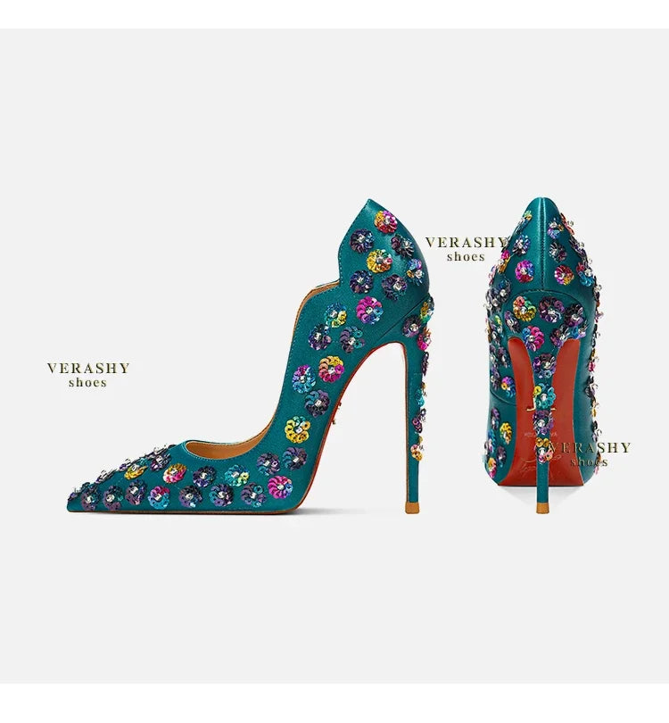 2025 Spring New High Heels Women's Embroidered Beaded Black Sexy Queen's Heel 10-12cm Pointed