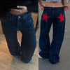 Combhasaki Damen Y2K Vintage Jeans Ästhetischer Sternmuster-Print Loose Straight Leg Denim Lange Hose Lässige Low Waist Hose