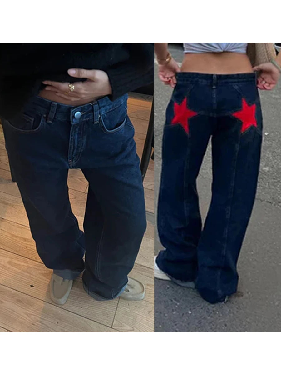 Combhasaki Damen Y2K Vintage Jeans Ästhetischer Sternmuster-Print Loose Straight Leg Denim Lange Hose Lässige Low Waist Hose