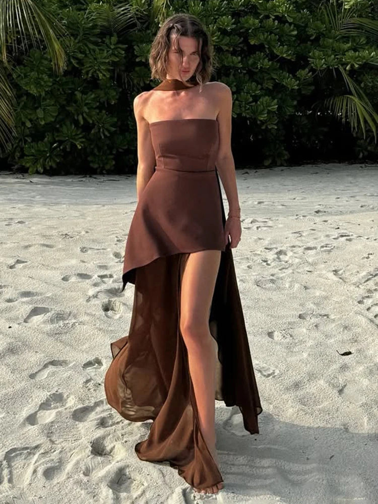 TARUXY Mode Trägerloses Kleid mit Band Frauen Elegantes Ärmelloses Mesh Strand Urlaub Langes Kleid Frühling 2025 Neues Damenkleid