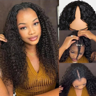 16-32 Inches Long Curly Brazilian Hair Wig For Women 200% Density V Part Wig Human Hair Natural Black V Shape Wig Hair Wigs