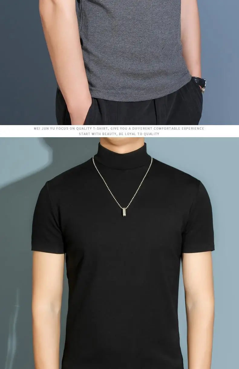 Men's Modal High Neck Short Sleeve T-Shirt Bottoming Shirt Silk Model Golf Wear Luxury Clothing Men's T-Shirt Bottoming Shirt