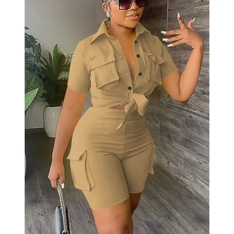 Women Two Piece Shorts Set Outifit Summer Fashion Solid Turn-Down Collar Short Sleeve Shirts Top & Casual Pocket Streetwear Sets