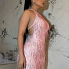 Kliou Tassel Patchwork Shiny Mini Dress Women Halter Bandage Stunning Backless Sleeveless Skinny Vestido Female Party Clubwear