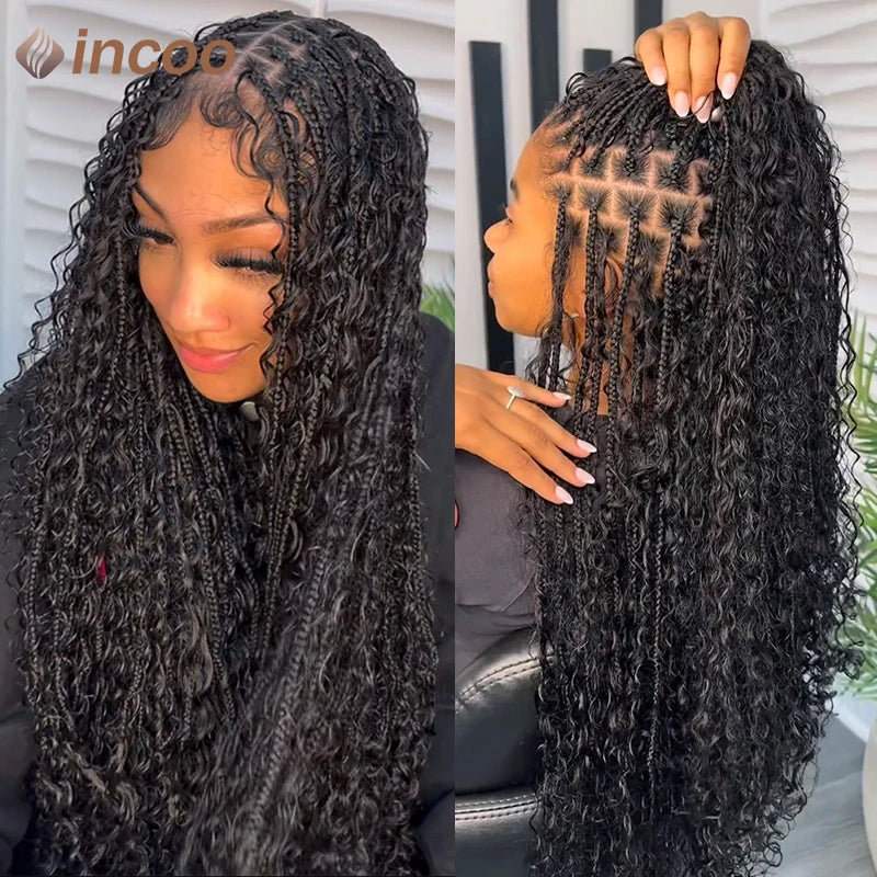 Boho Box Braided Wigs, gelocktes Kunsthaar, volle Lace-Front-Perücken für schwarze Frauen, Goddess Locs Braid Wig, Bohemian Box Braid Wig