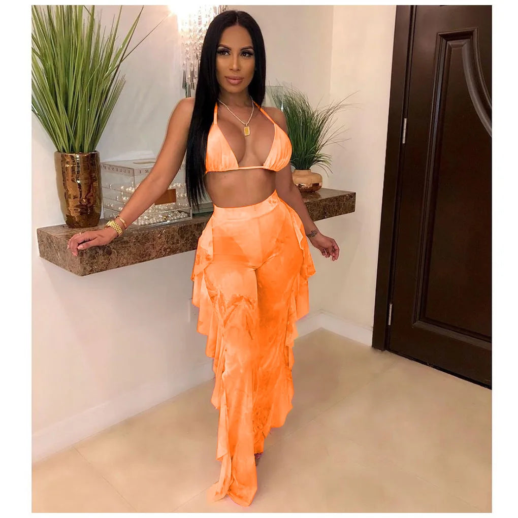 Bra+tassel Pants Suit  2 Piece Set Women Hot Pink Swimsuit Mesh Bathing Suit Sexy Matching Swimwear Viquinis Mujer 2022