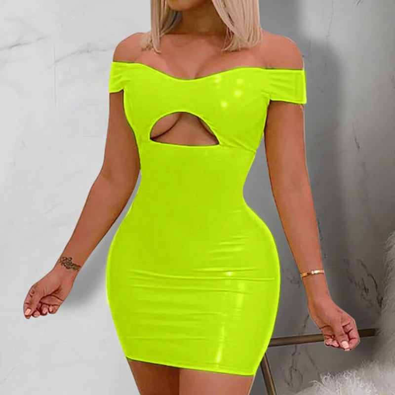 OMSJ Off-shoulder Nightclub Bar Women Pu Leather Tight Dress Candy Bright Color Sexy Hollow Out Backless Skirt Hot Girls Clothes