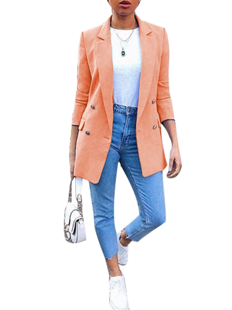 Women Fashion Solid Casual Suit Office Wear Vintage Long Sleeves Coat Spring Autumn Lady Jackets Blazers Jacket Lapel Outerwears
