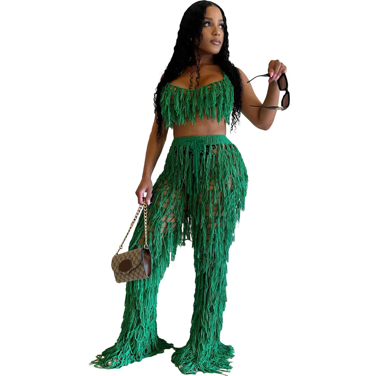 FAGADOER Sexy Hollow Out Tassels Pants Two Piece Sets Women Halter Sleeveless Backless Crop Top + Pants Outfit Female Streetwear
