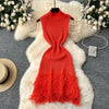 Joskaa 2025 Summer Women Elegant Round Neck Sleeveless Tassels Hem Bodycon Mini Knitted Dress Holiday Beach Party Clubwear